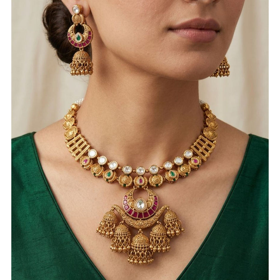 Rose Gold Plated Pota Stone and Pearl Necklace Set | Bridal Jewellery India