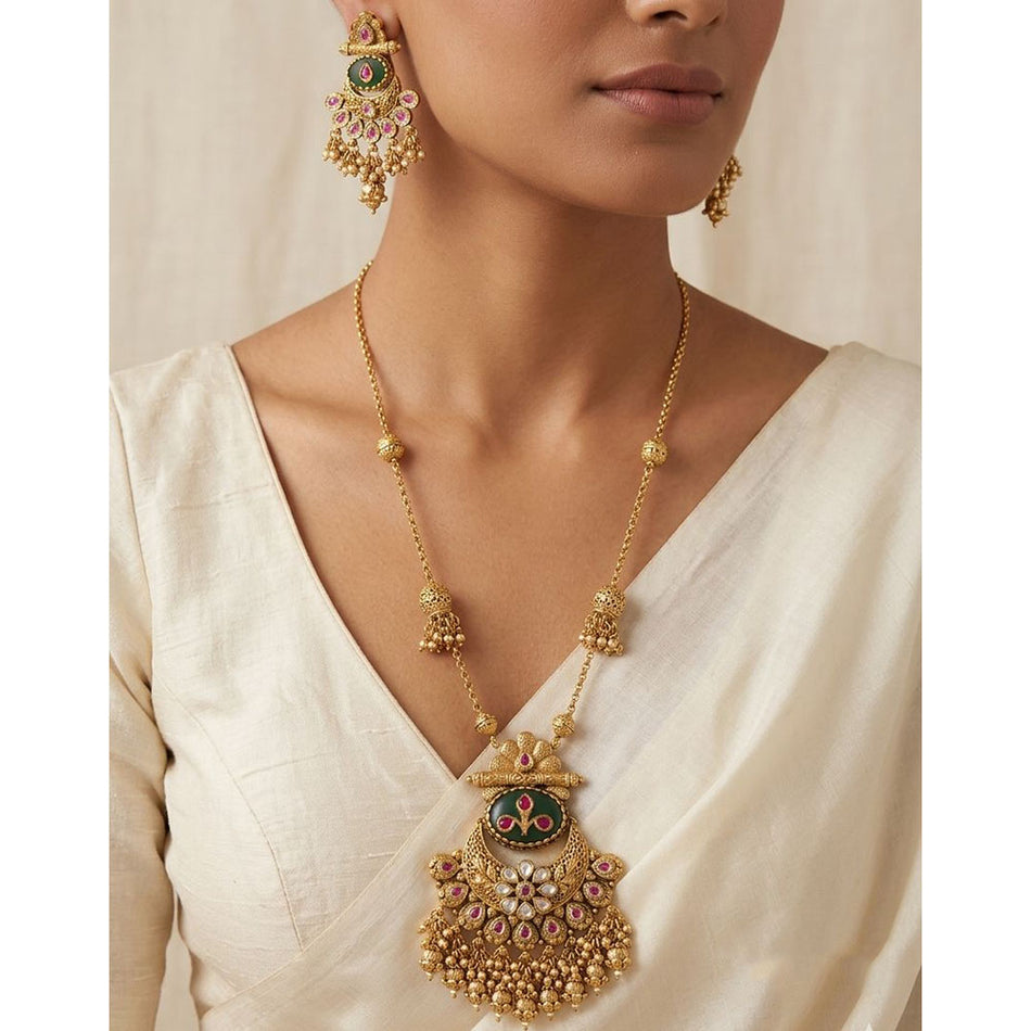 Rose Gold Plated Pota Stone   Pearl Necklace Set | Bridal Jewellery India