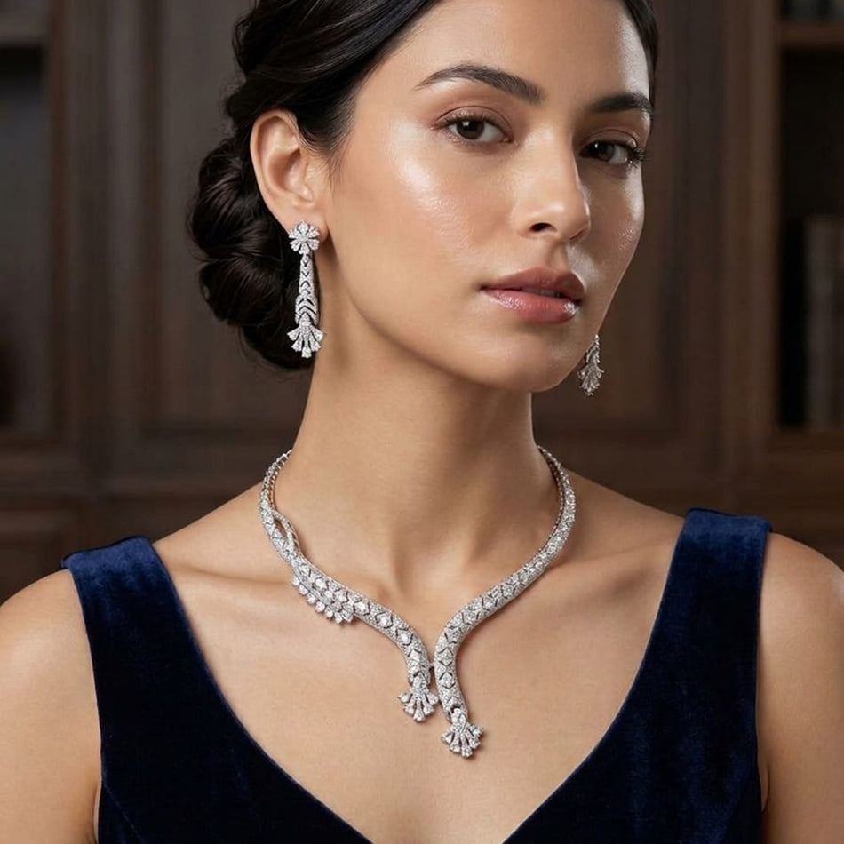 Glamorous American Diamond Necklace in Sterling Silver | Bridal Jewellery India