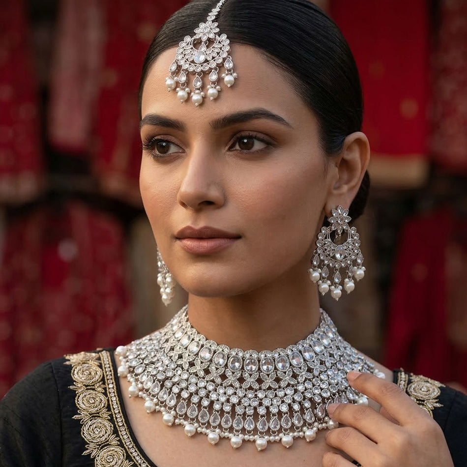 Glamorous Rose Gold Plated Choker Necklace with Pearl | Bridal Jewellery India