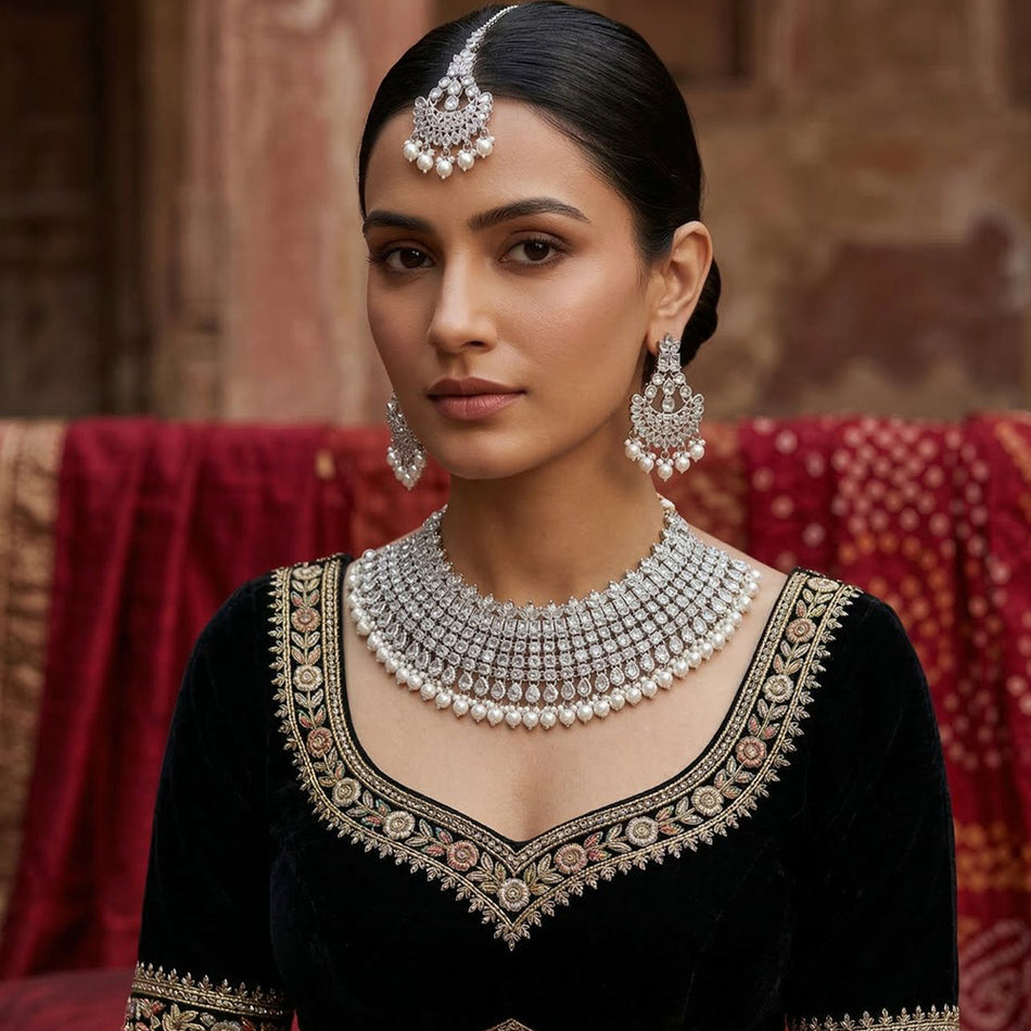 Pearl Choker in White Gold Plated | Bridal Jewellery India