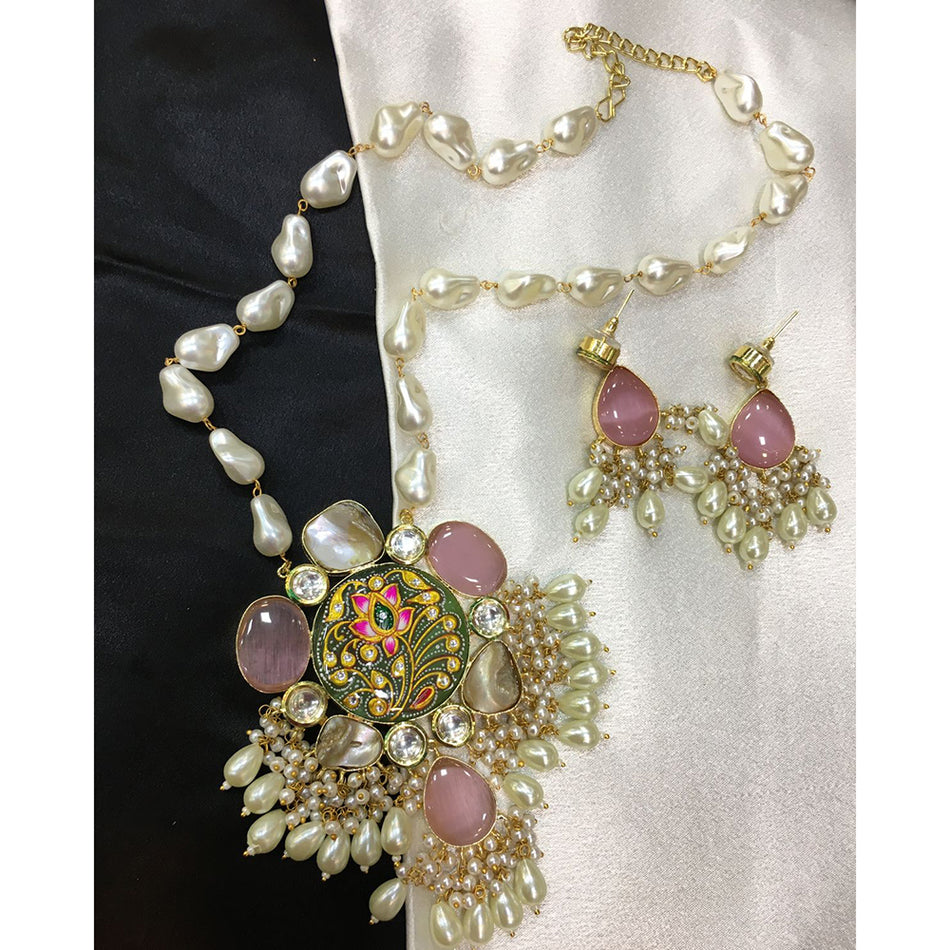 Pota Stone Long Necklace in Mother of Pearl | Bridal Jewellery India