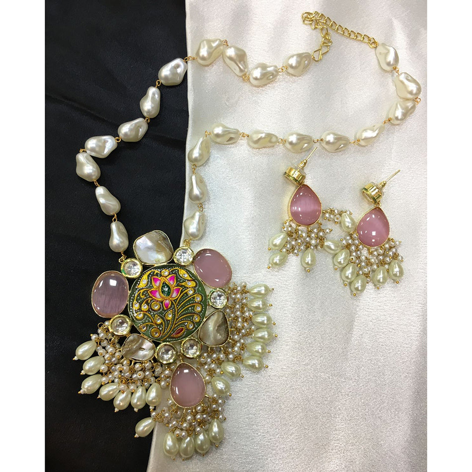 Mother of Pearl Necklace in Gold Plated with Pota Stone | Bridal Jewellery India