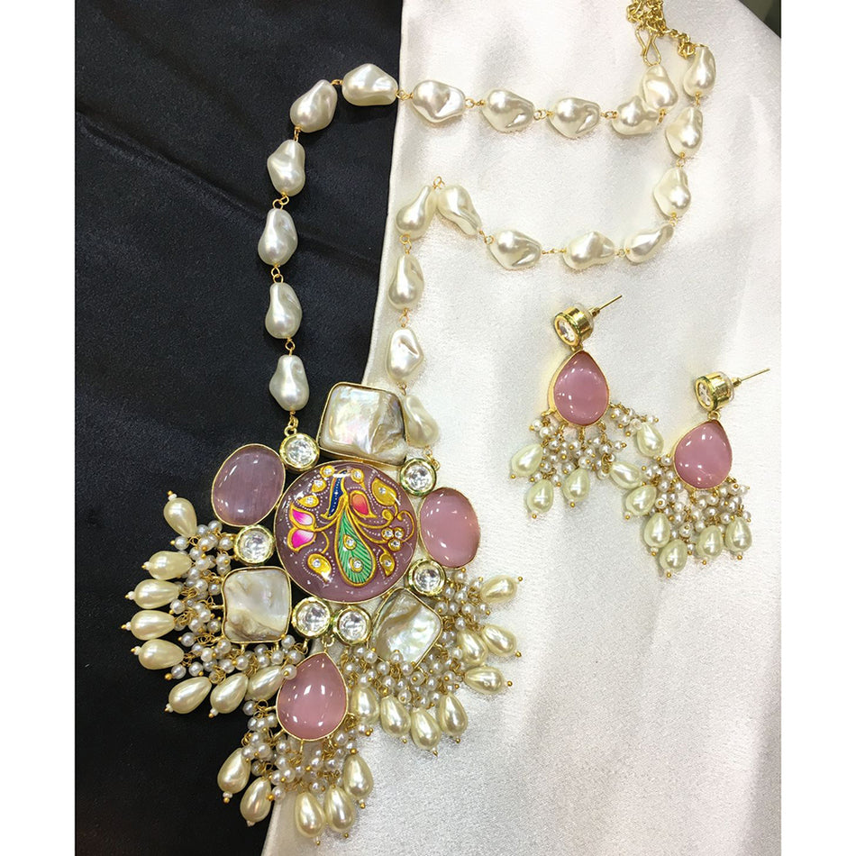 Pota Stone Long Necklace in Rose Gold Plated | Bridal Jewellery India