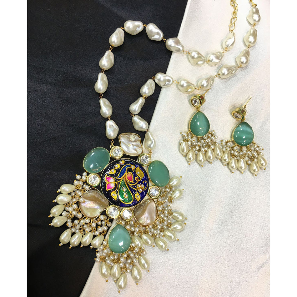 Pota Stone Long Necklace in Mother of Pearl | Bridal Jewellery India