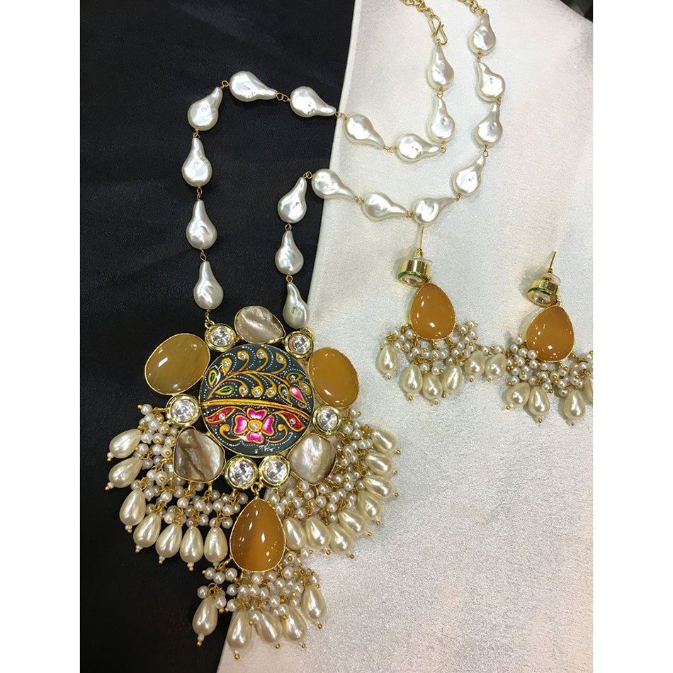 Pota Stone Long Necklace in Mother of Pearl | Bridal Jewellery India
