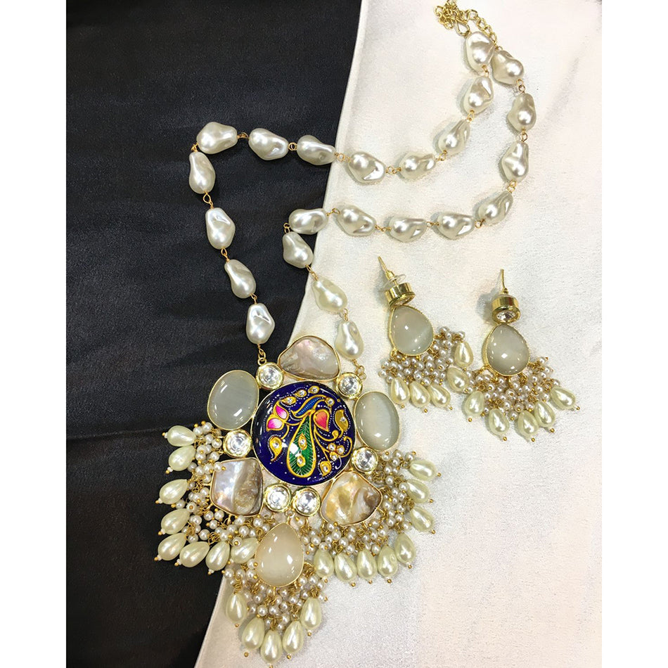Pota Stone Long Necklace in Sterling Silver | Bridal Jewellery India