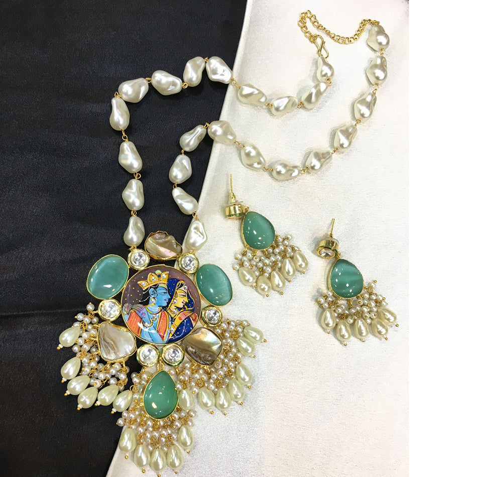 Pota Stone and Mother of Pearl Necklace in Gold Tone | Bridal Jewellery India