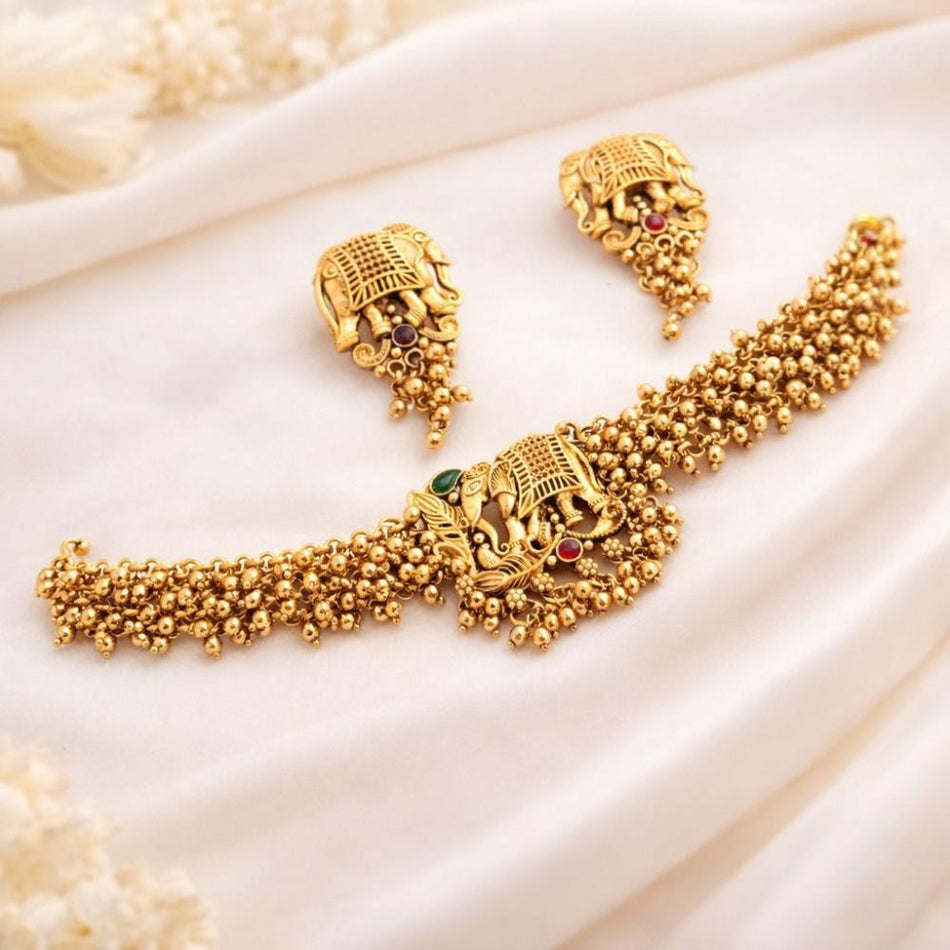 Heritage Elephant Pearl Choker in Gold Tone | Bridal Jewellery India