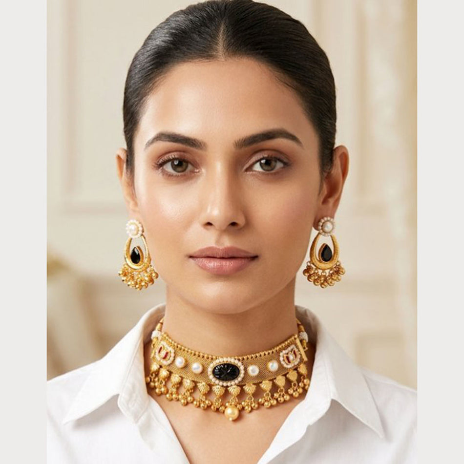 Rose Gold Plated Pota Stone Choker Necklace Set | Bridal Jewellery India