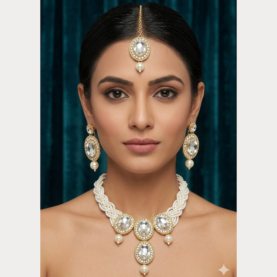 Kundan Necklace in White Gold Plated | Bridal Jewellery India