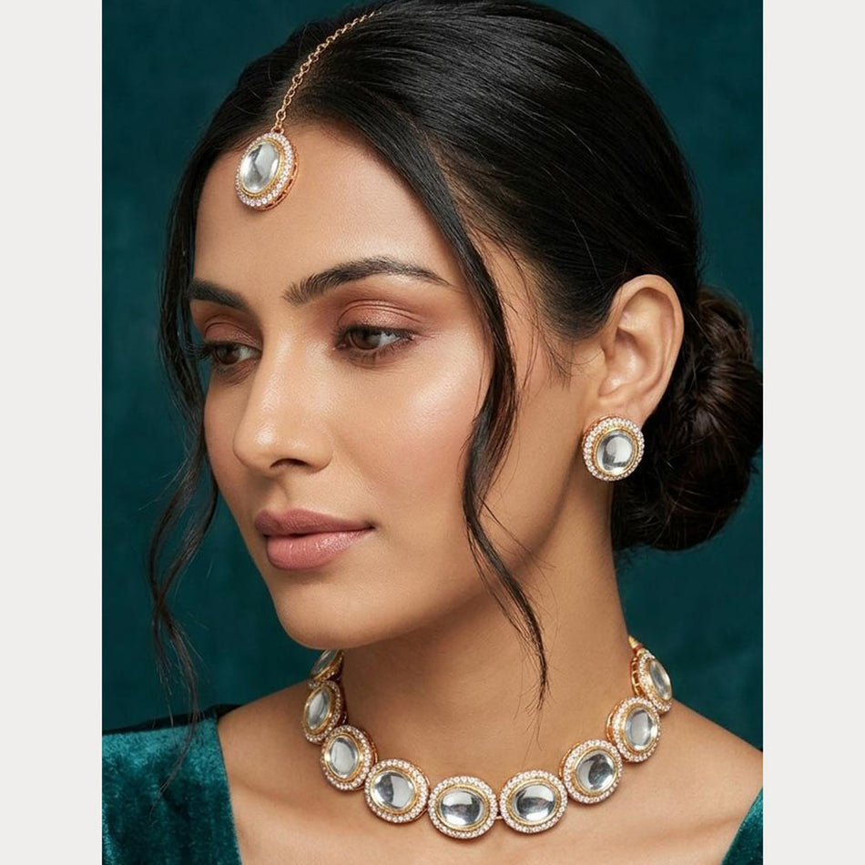 Kundan Choker Necklace in White Gold Plated | Bridal Jewellery India