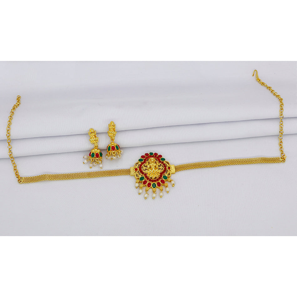 Mahavir Gold Plated Pota Stone Choker with Pearl | Bridal Jewellery India