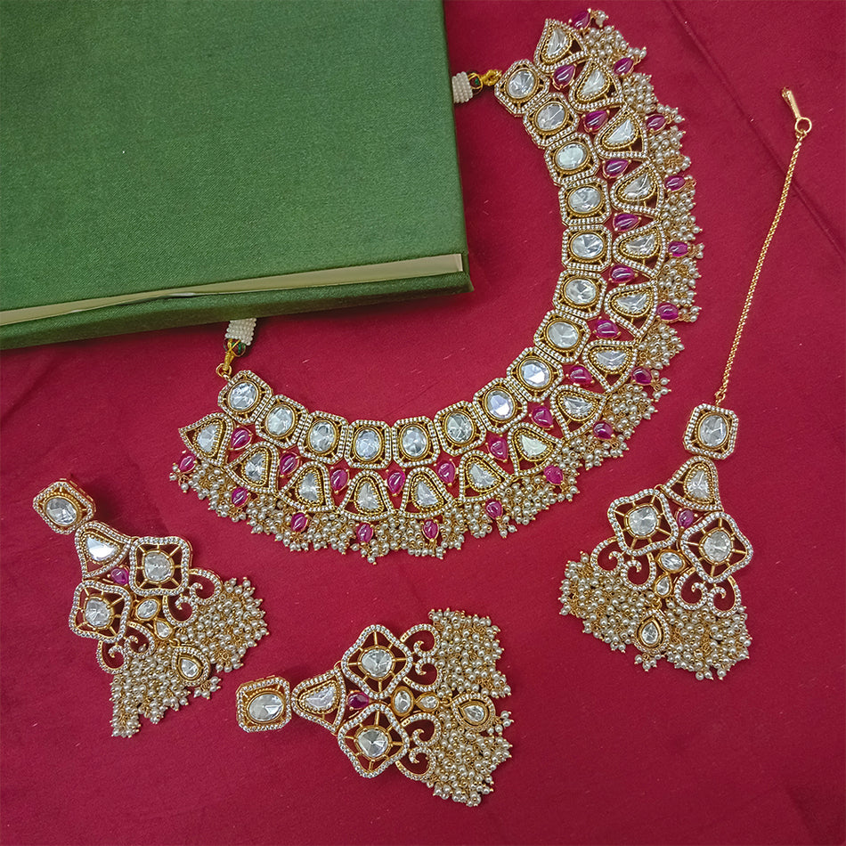 Kundan Necklace in Gold Plated with Polki Gems | Bridal Jewellery India