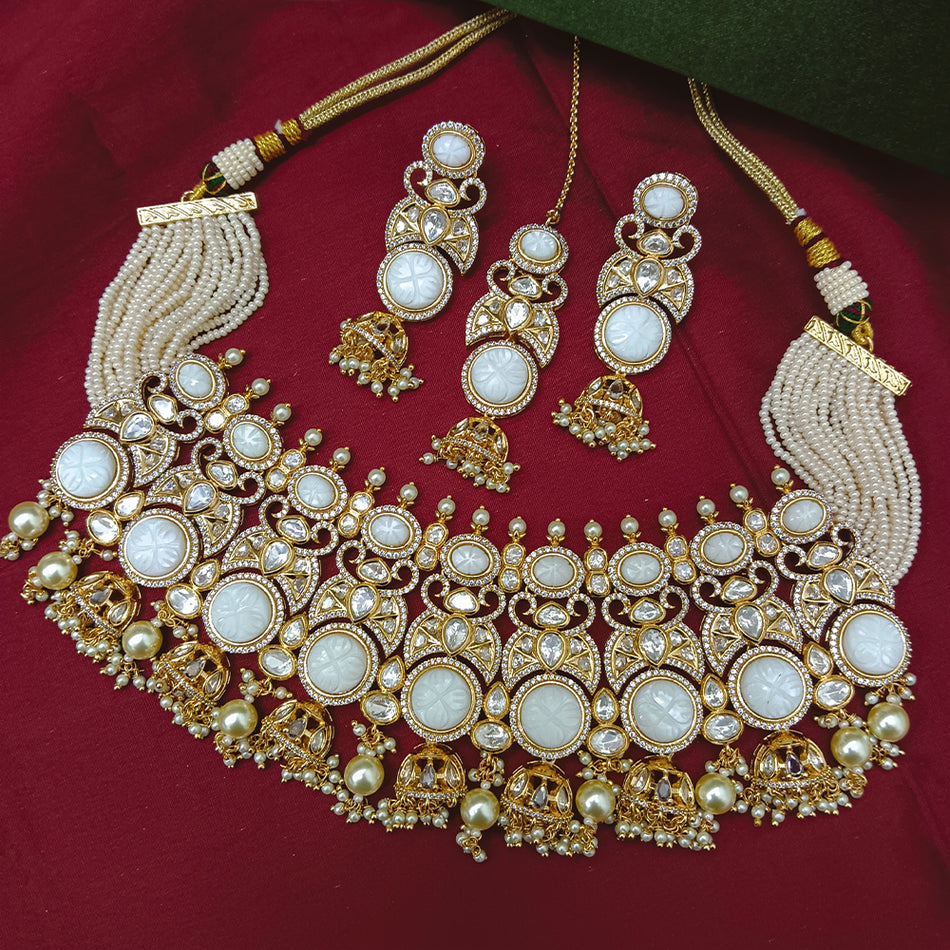 Kundan Necklace in Gold Plated with Polki Gems | Bridal Jewellery India