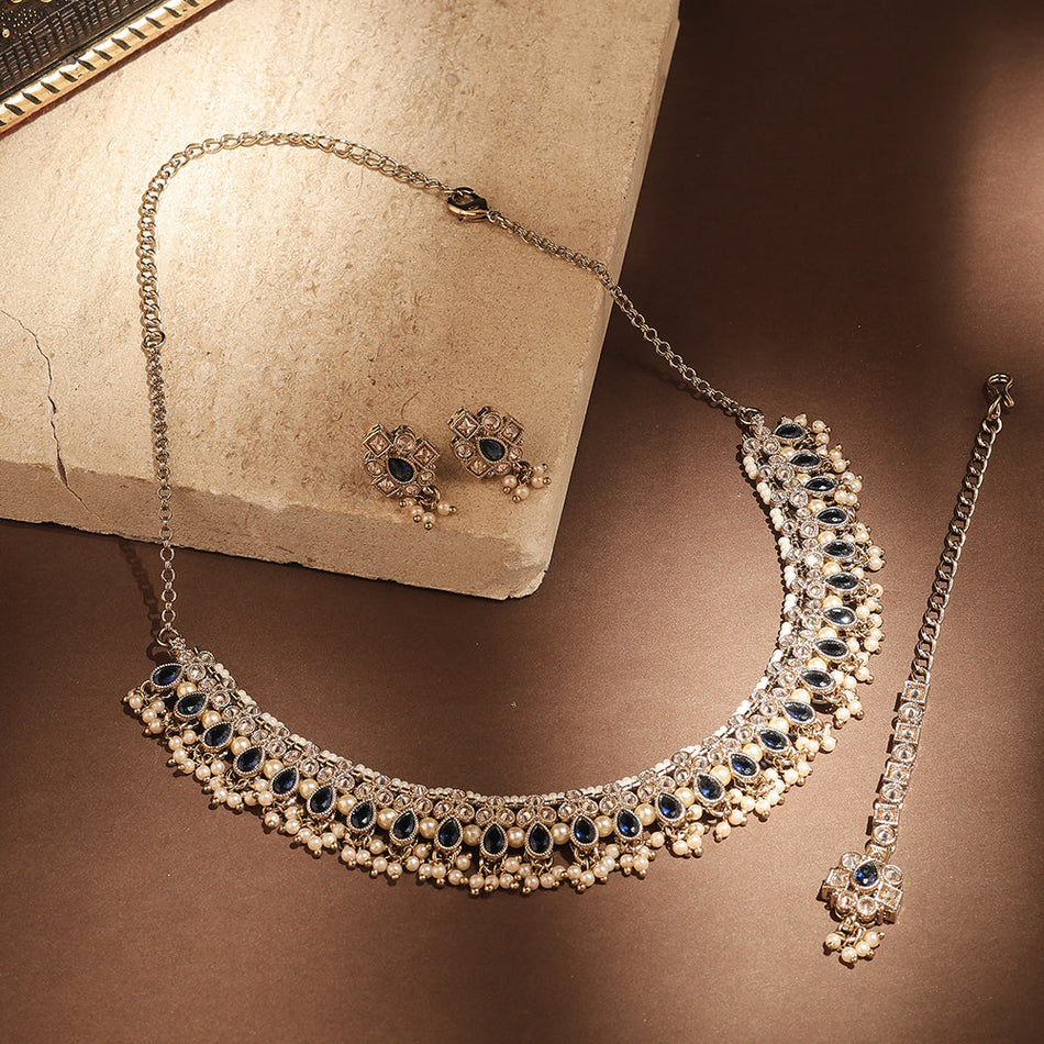 Pearl Choker in Antique Gold Plated with Kundan Stones for Women | Bridal Jewellery India