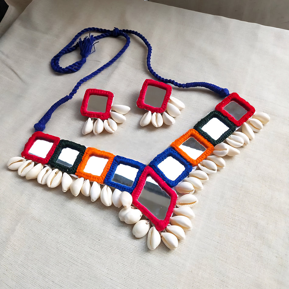 Mirror Work Choker in Gold Plated with Cowrie Shells | Bridal Jewellery India