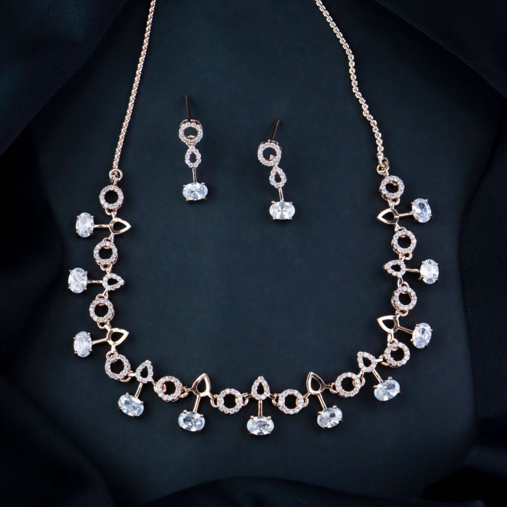 Rose Gold Plated CZ Necklace with Cubic Zirconia Earrings Set for | Bridal Jewellery India