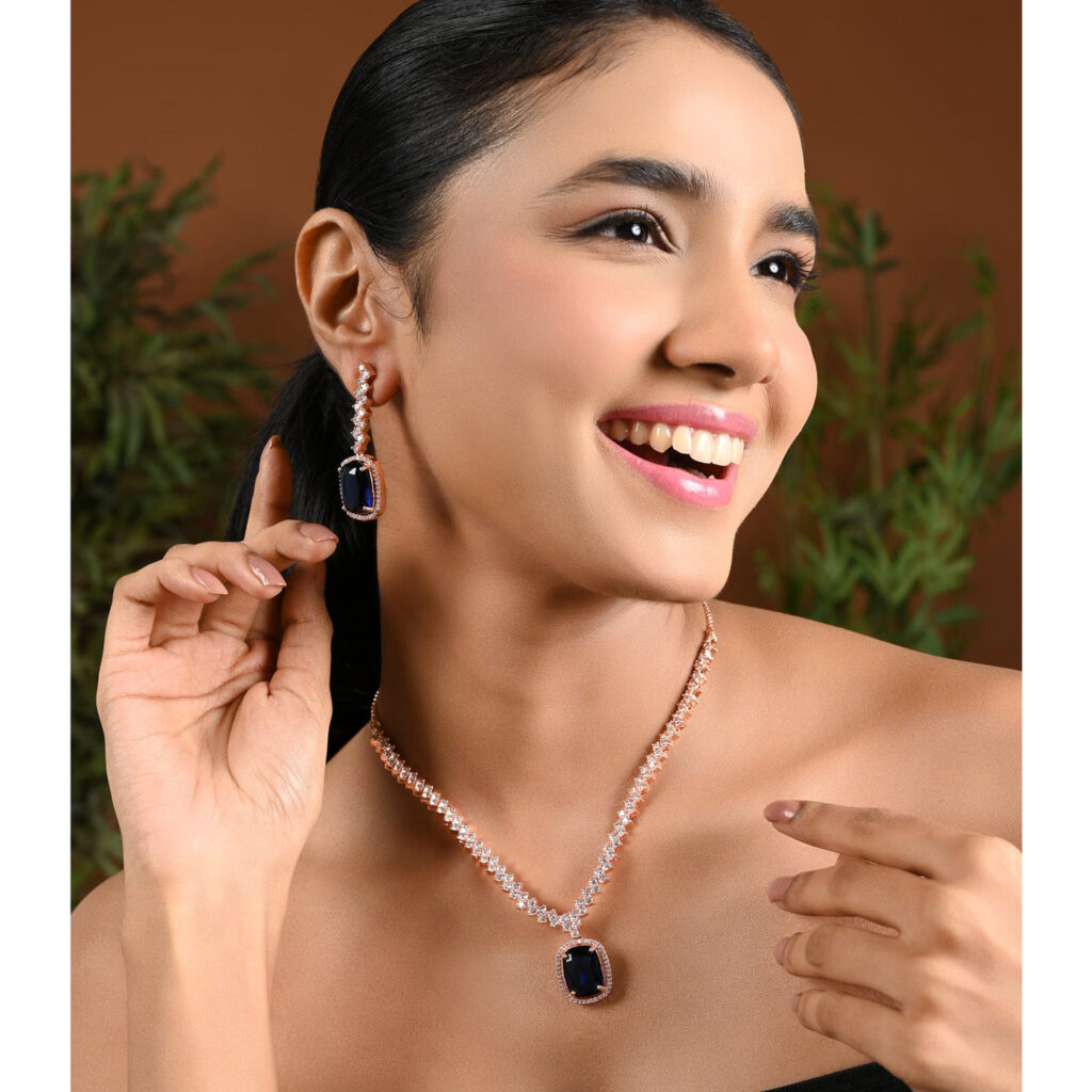 Rose Gold Plated CZ Necklace with Drop Earrings | Bridal Jewellery India