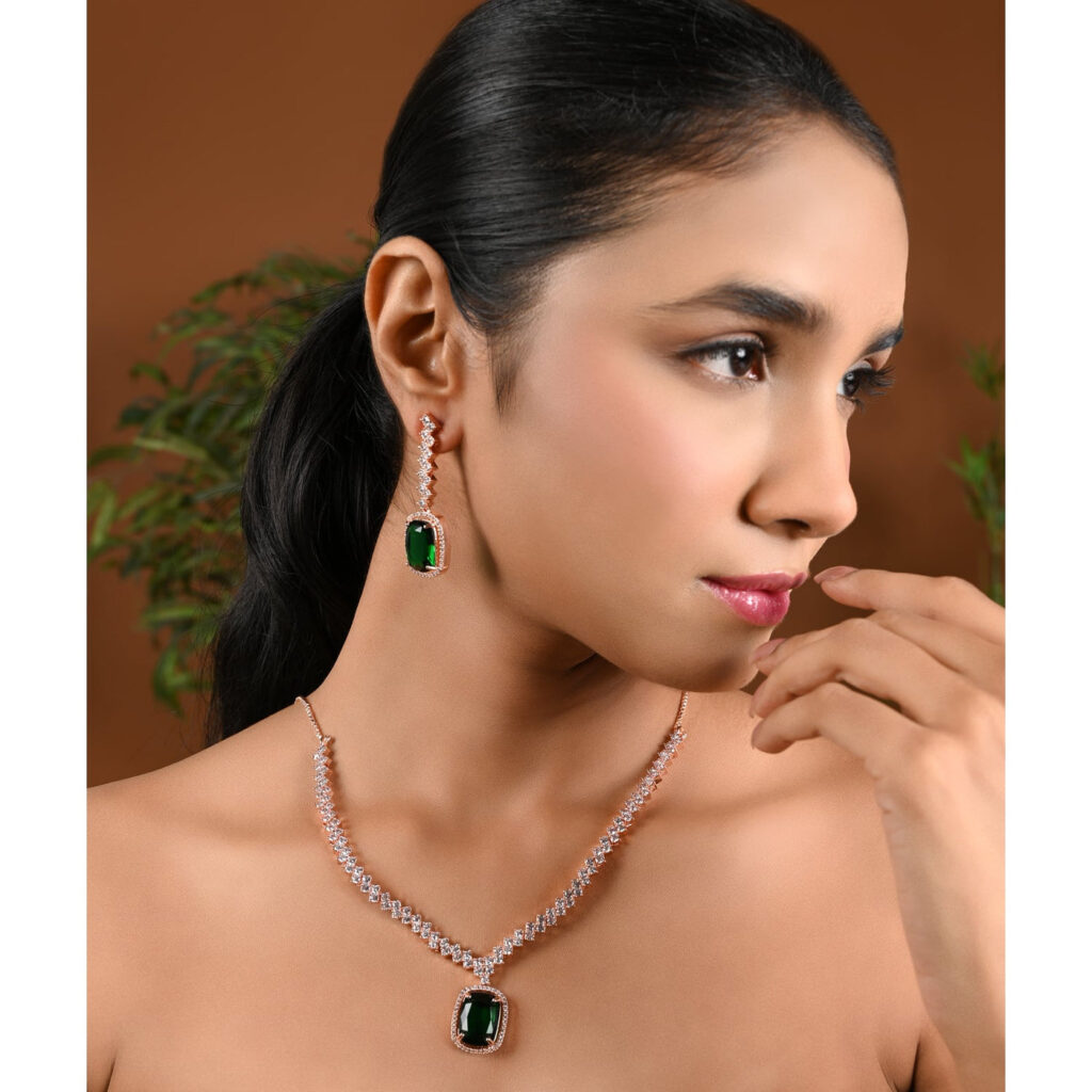 Rose Gold Plated Cubic Zirconia Necklace   Earrings Set | Bridal Jewellery India