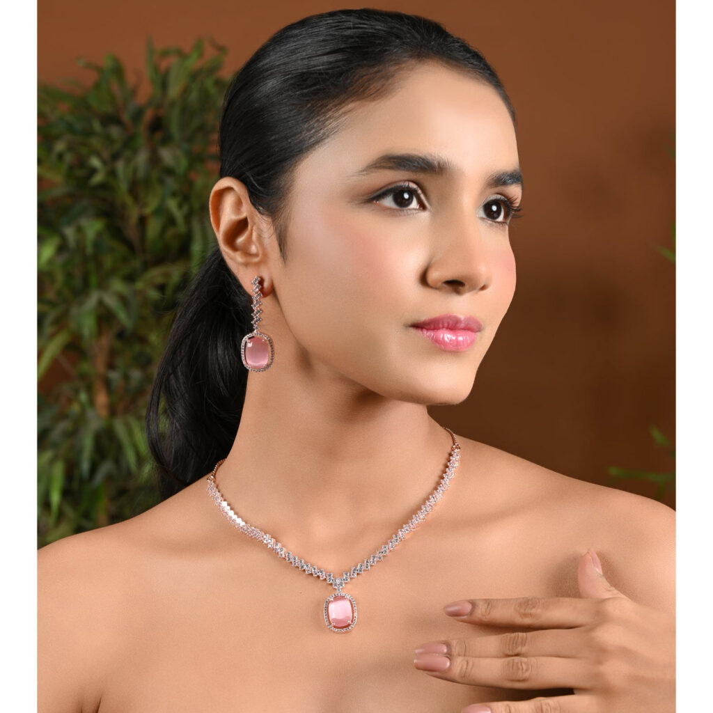 Rose Gold Plated Cubic Zirconia Necklace with Drop Earrings | Bridal Jewellery India