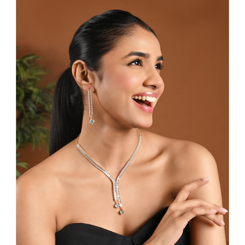 Gold Plated Cubic Zirconia Necklace   Earrings for Women | Bridal Jewellery India