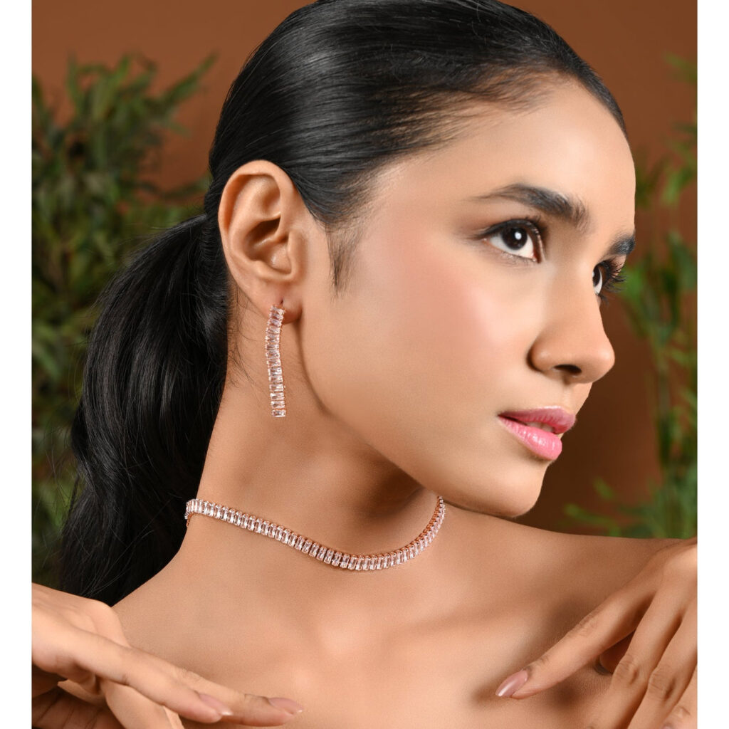 Rose Gold Plated CZ Necklace   Earrings Set for Women | Bridal Jewellery India