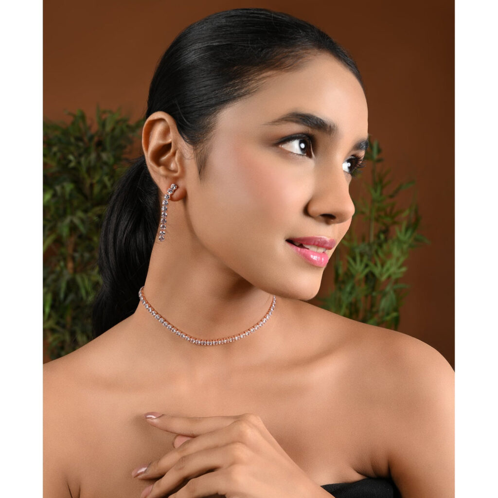 Rose Gold Plated CZ Necklace with Earrings | Bridal Jewellery India