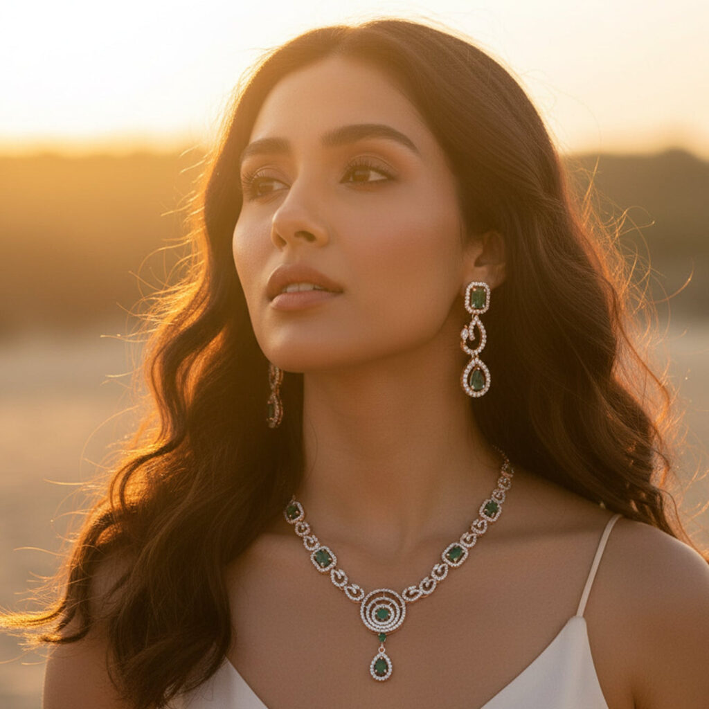 Gold Plated Cubic Zirconia Necklace Set with Earrings | Bridal Jewellery India