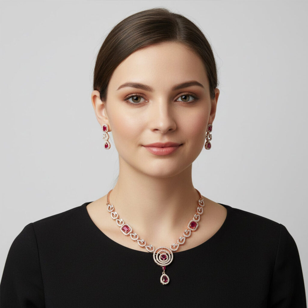 Gold Plated Cubic Zirconia Necklace Set with Earrings | Bridal Jewellery India