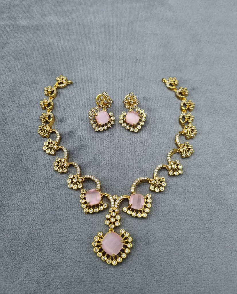 Gold Tone Swirling Floral AD Necklace Set | Bridal Jewellery India