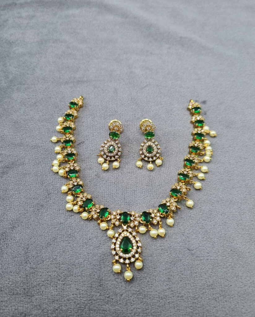 Royal Emerald Gold Plated AD Necklace | Bridal Jewellery India