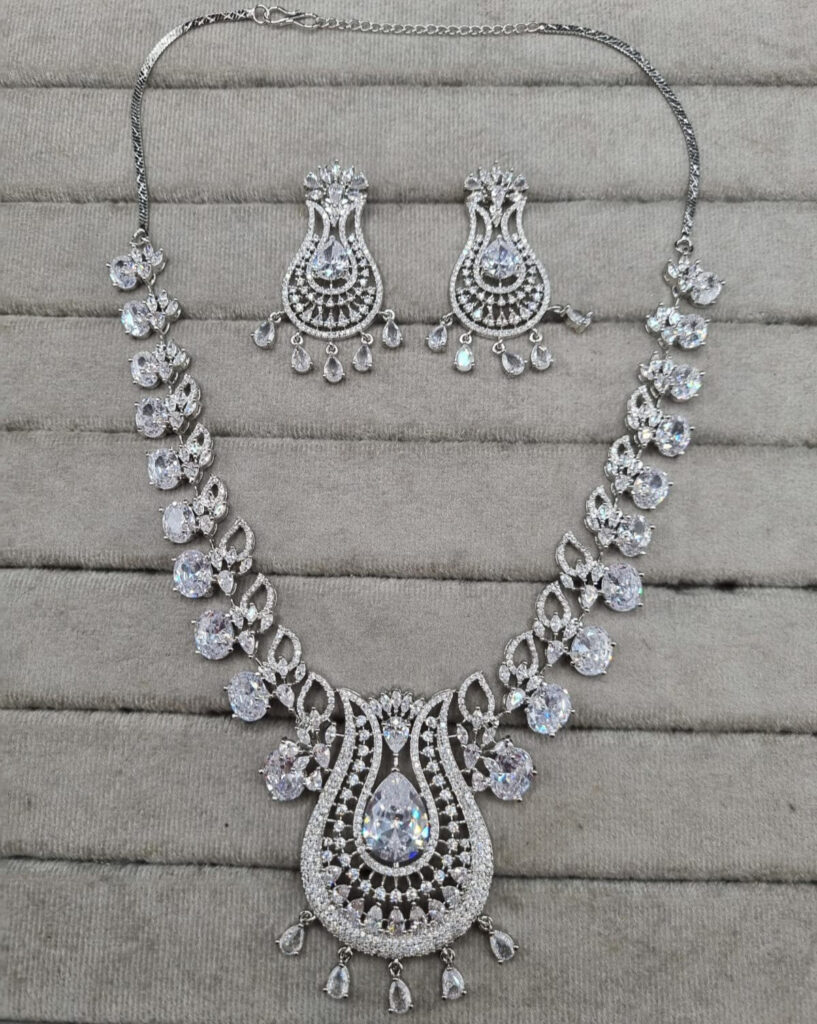 Rhodium Plated AD Paisley Earrings | Bridal Jewellery India