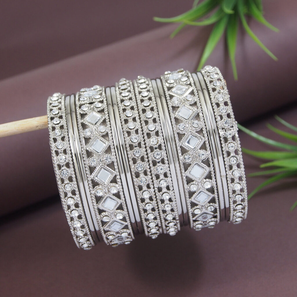 Ethnic Silver Plated Stone   Mirror Work Bangles for Women | Bridal Jewellery India