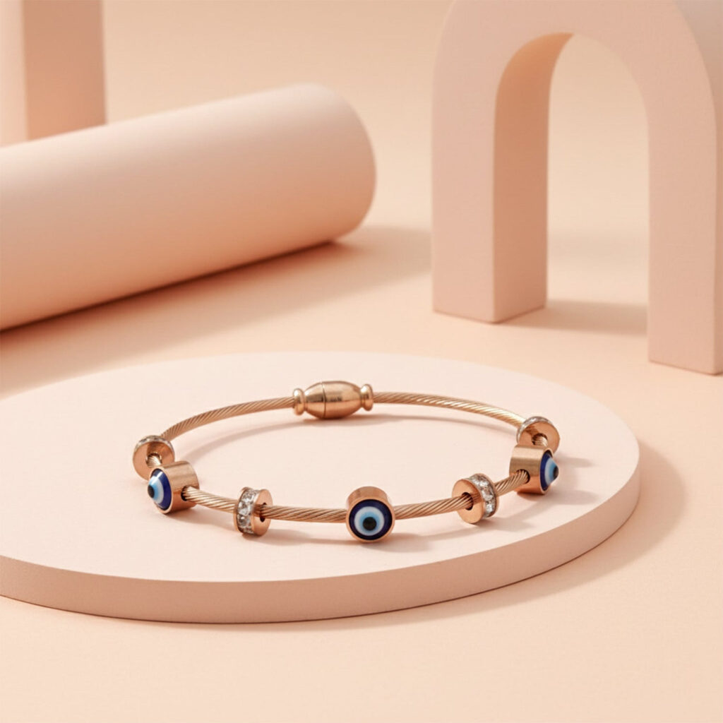 Rose Gold Plated Cable Bracelet with Evil Eye Charm | Bridal Jewellery India