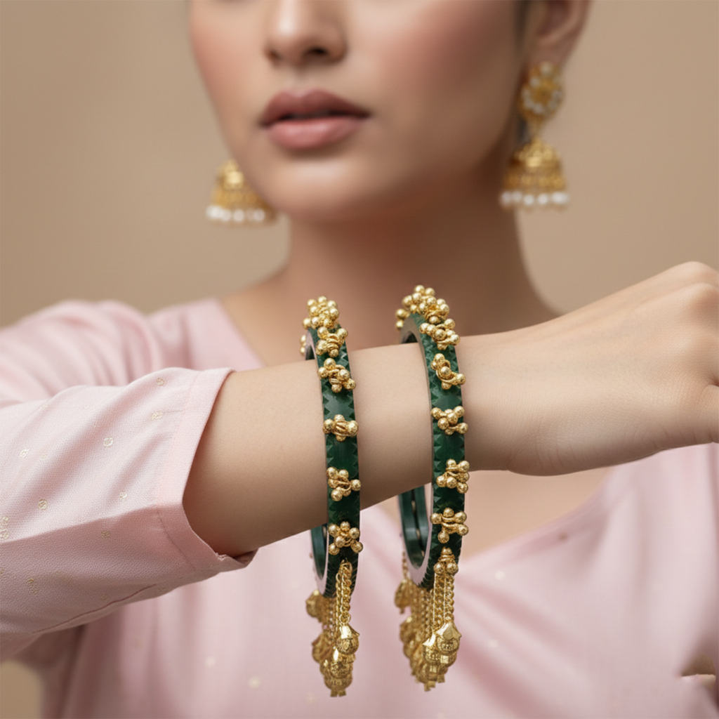 Green Bangles in Brass with Ghungroo Charms for Women | Bridal Jewellery India