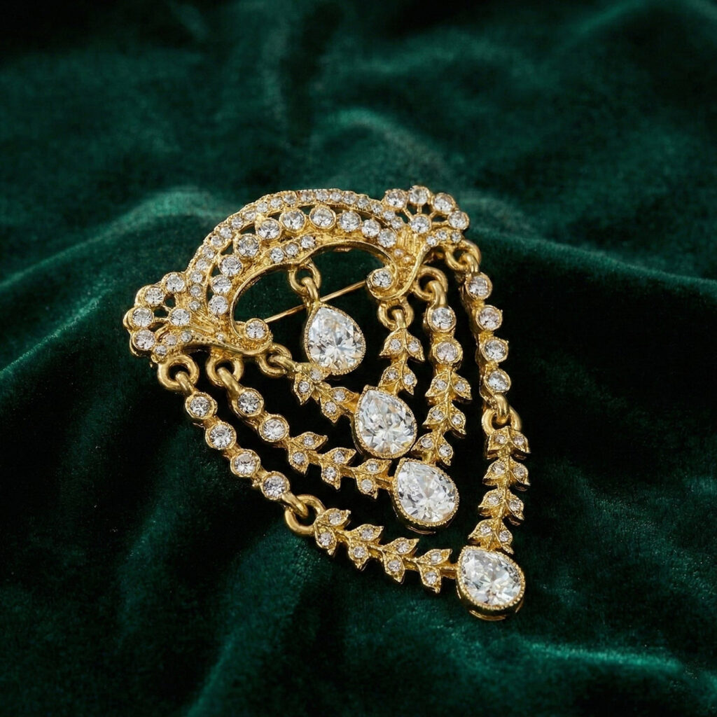 Triple Layered Teardrop Crystal Kurta Sherwani Brooch in | Bridal Jewellery India