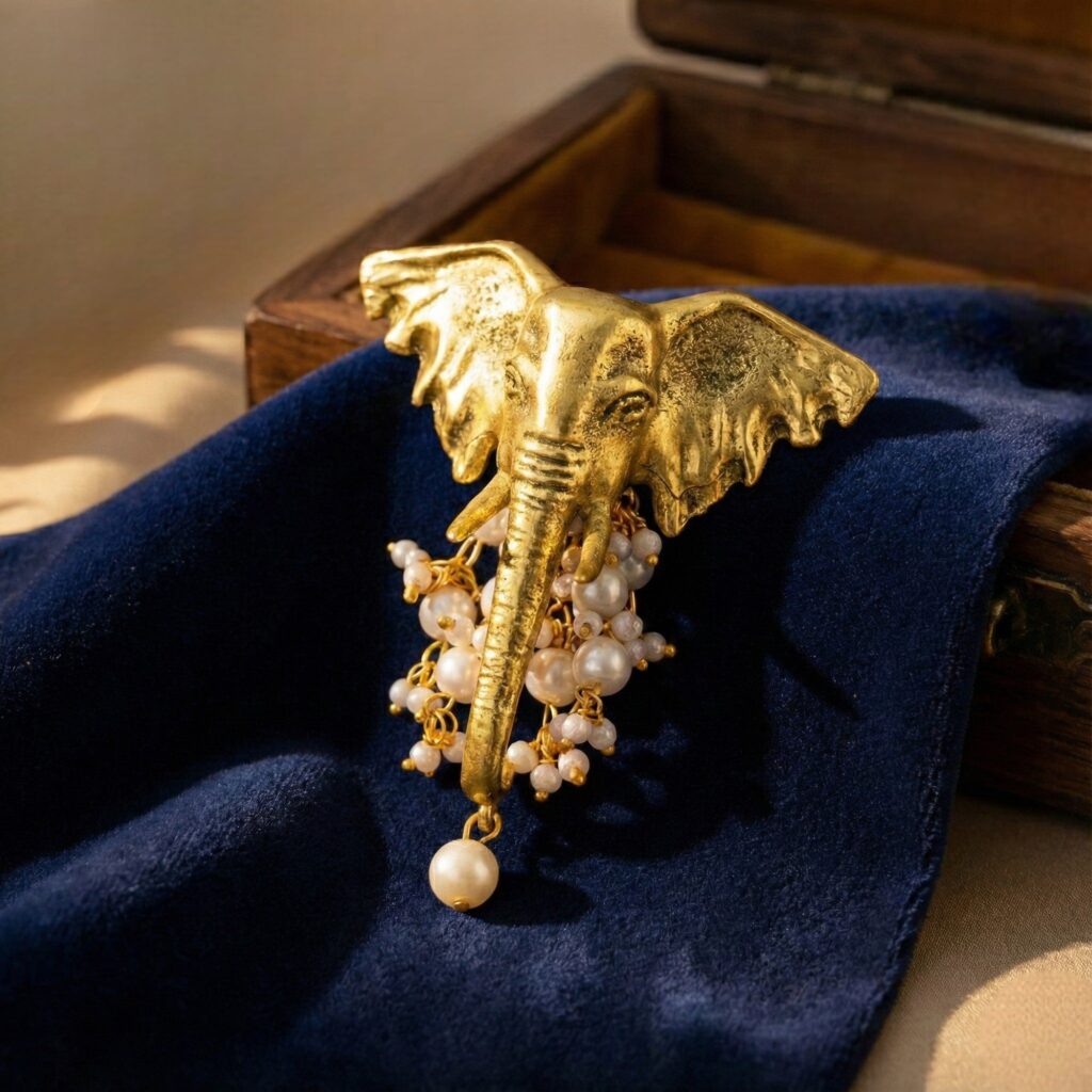 Gold Toned Elephant Head Brooch for Saree | Bridal Jewellery India