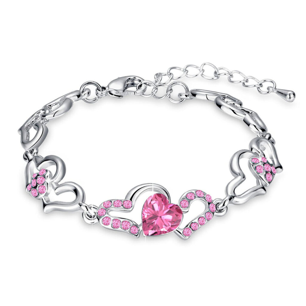 Rhodium Plated Heart Bracelet with Pink Crystals for | Bridal Jewellery India