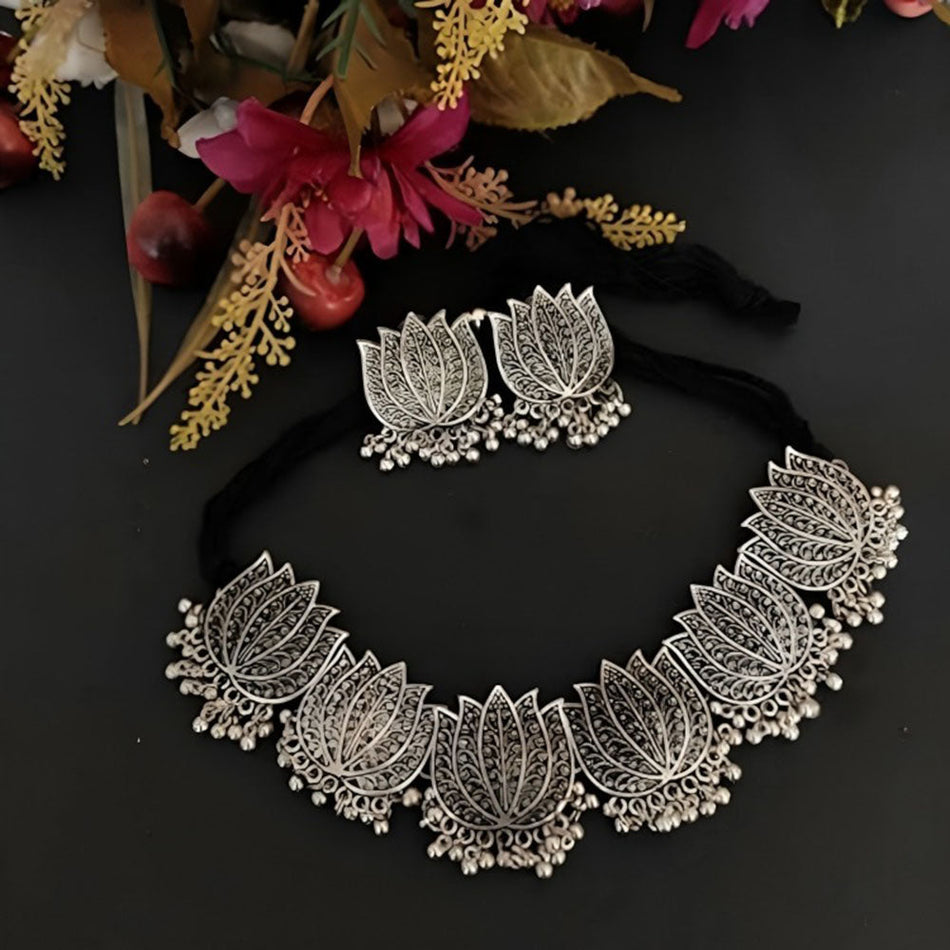 Oxidised Lotus Choker Necklace Set for Women   Girls | Bridal Jewellery India