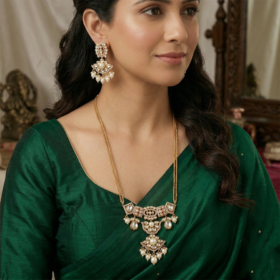 Kundan Necklace in Gold Plated with Polki Beads | Bridal Jewellery India