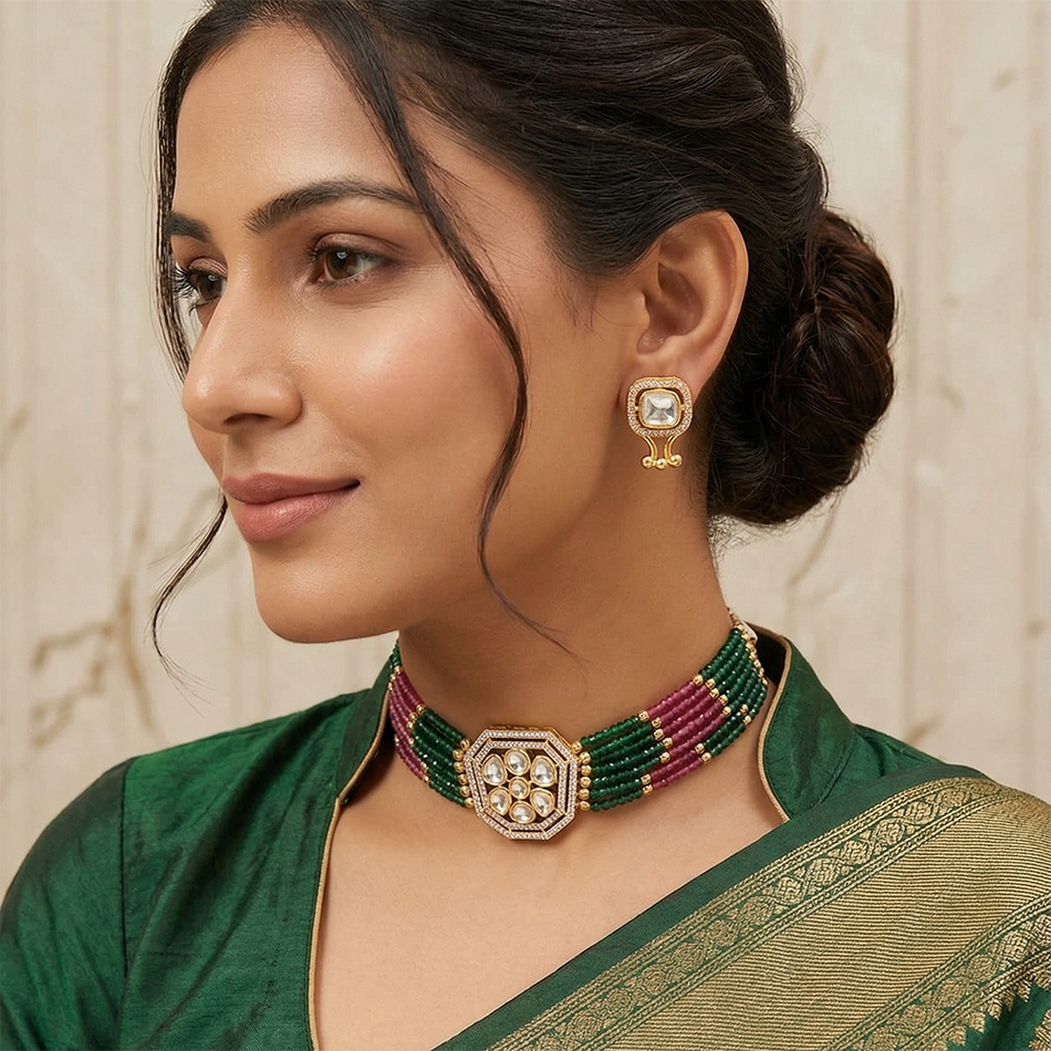 Kundan Choker Necklace in White Gold Plated | Bridal Jewellery India