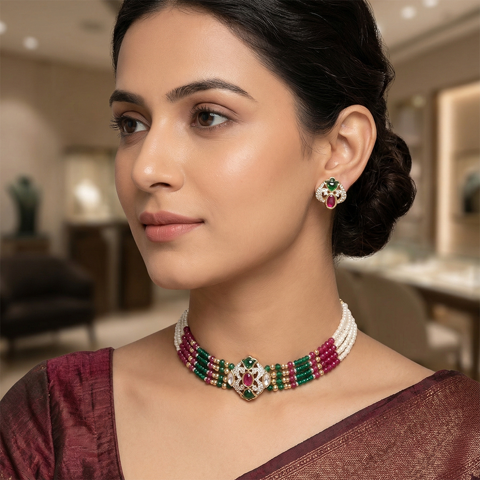 Kundan Choker Necklace in Gold Plated with Polki Diamonds | Bridal Jewellery India