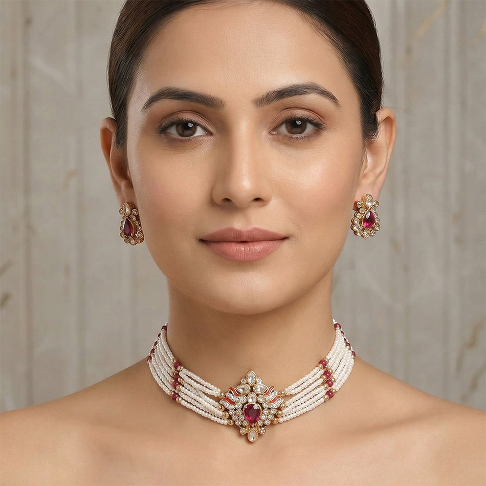 Kundan Choker Necklace in Gold Plated   Pearl | Bridal Jewellery India