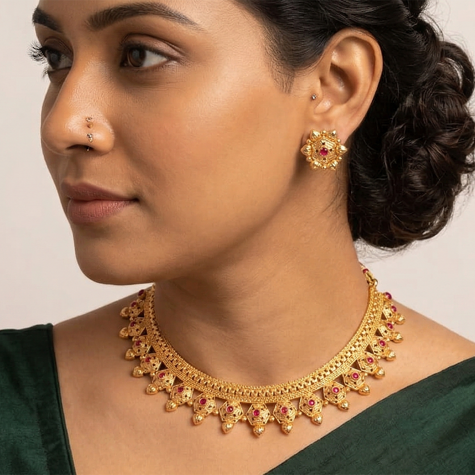 Pota Stone Rajwadi Necklace in Brass and Copper | Bridal Jewellery India