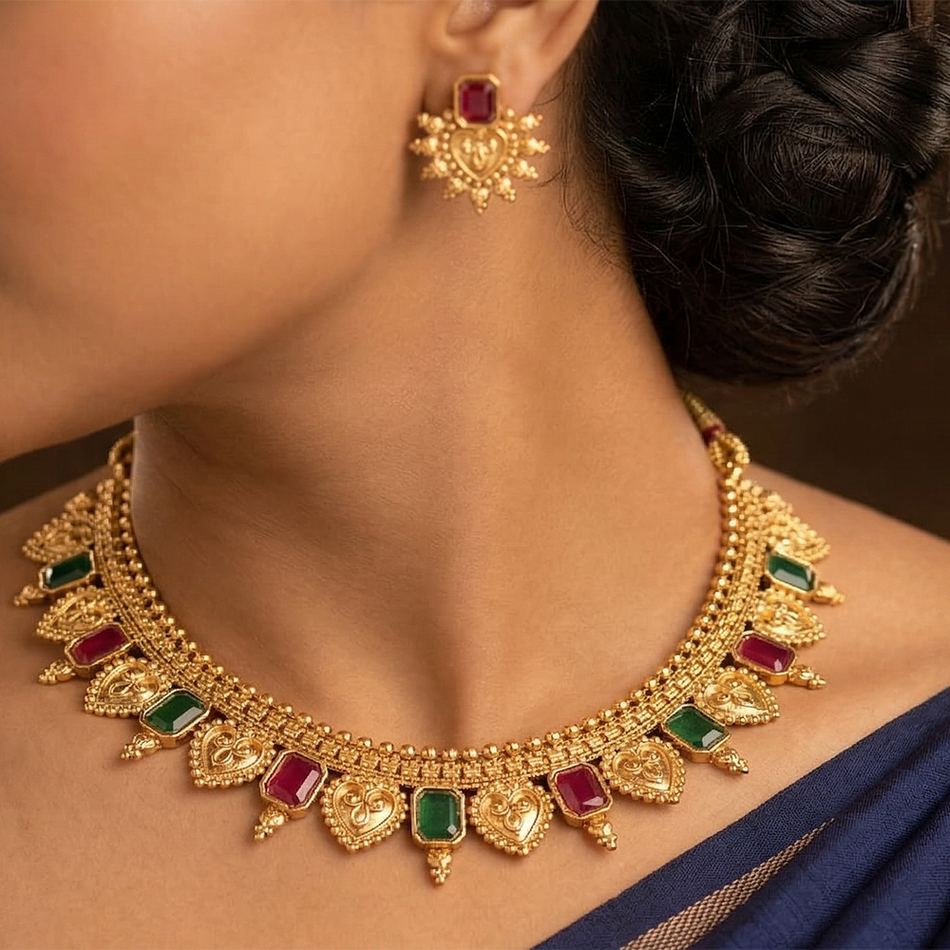 Pota Stone Rajwadi Necklace in Brass   Copper | Bridal Jewellery India