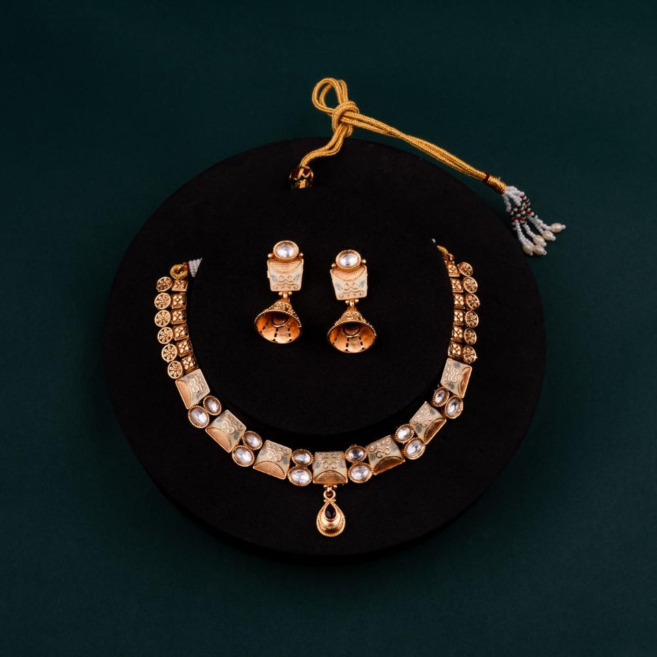 Micro Rajwadi Necklace in Brass   Copper | Bridal Jewellery India