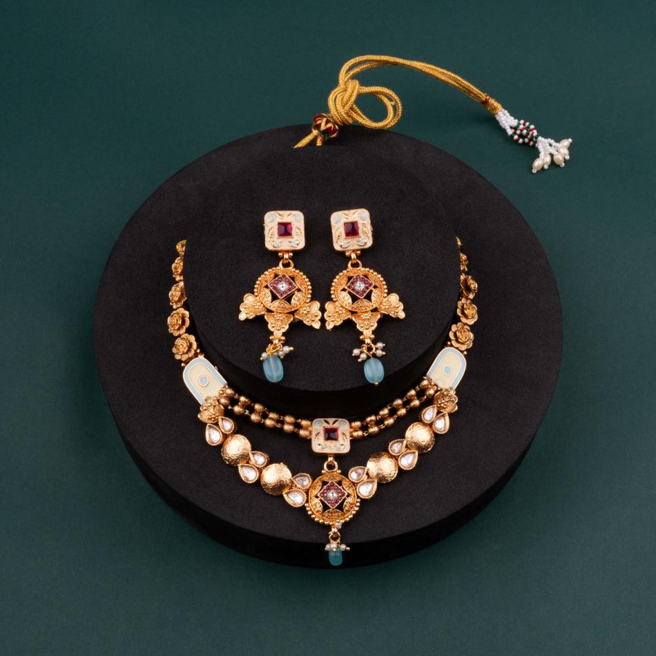 Micro Rajwadi Necklace in Brass   Copper | Bridal Jewellery India