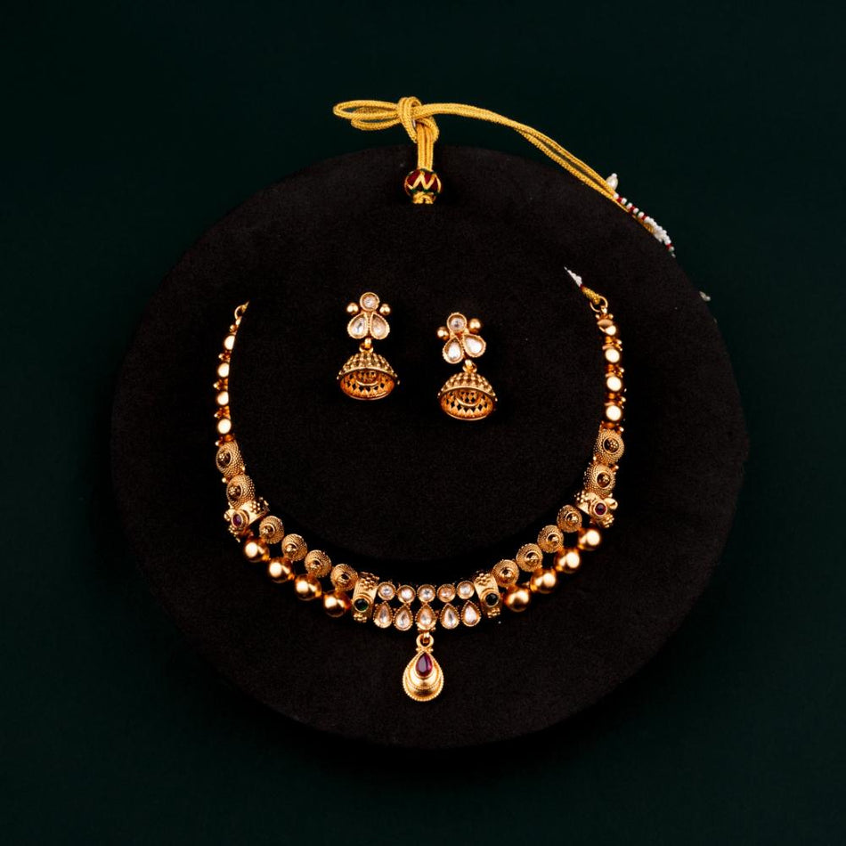 Micro Rajwadi Necklace in Brass   Copper Gold Plated | Bridal Jewellery India