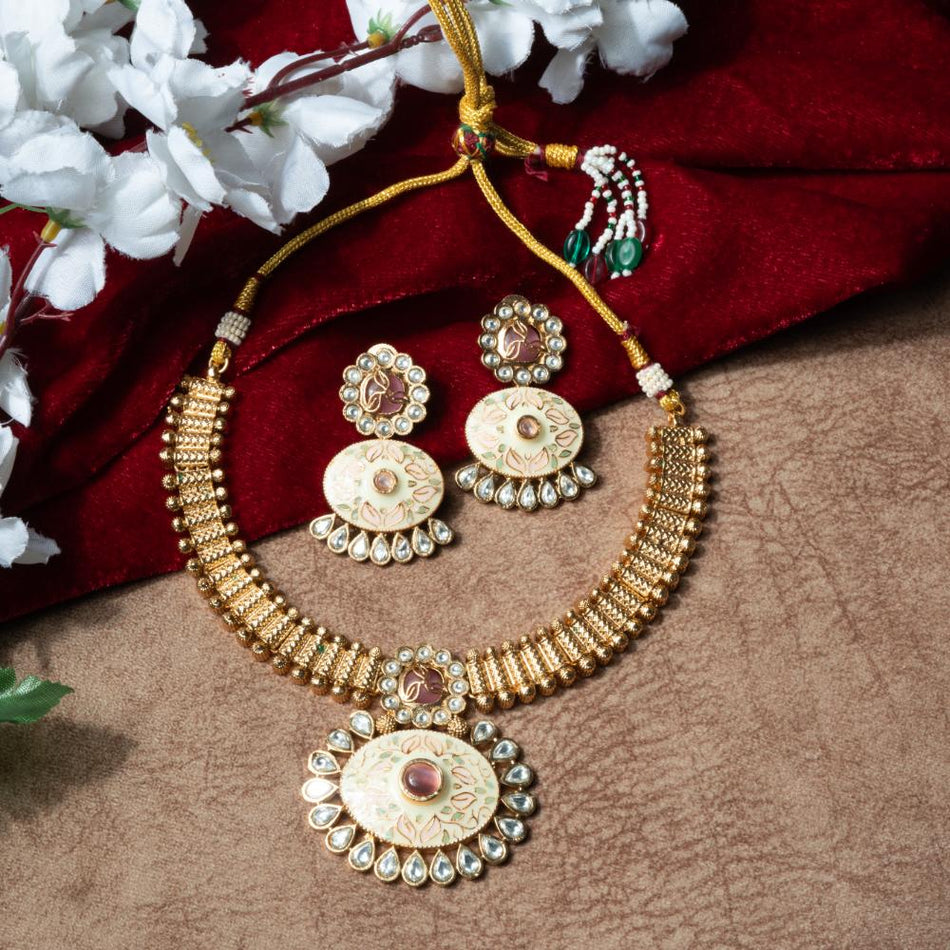 Rajwadi Meenakari Necklace in Brass   Copper Gold Plated | Bridal Jewellery India